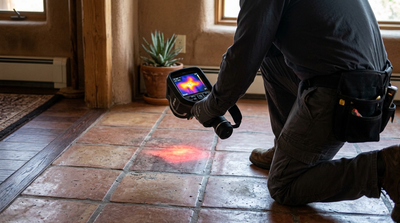 Thermal imaging camera detecting hot water slab leak signature on floor