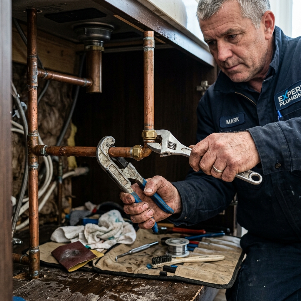 Technician explaining plumbing repair options for under-slab water lines