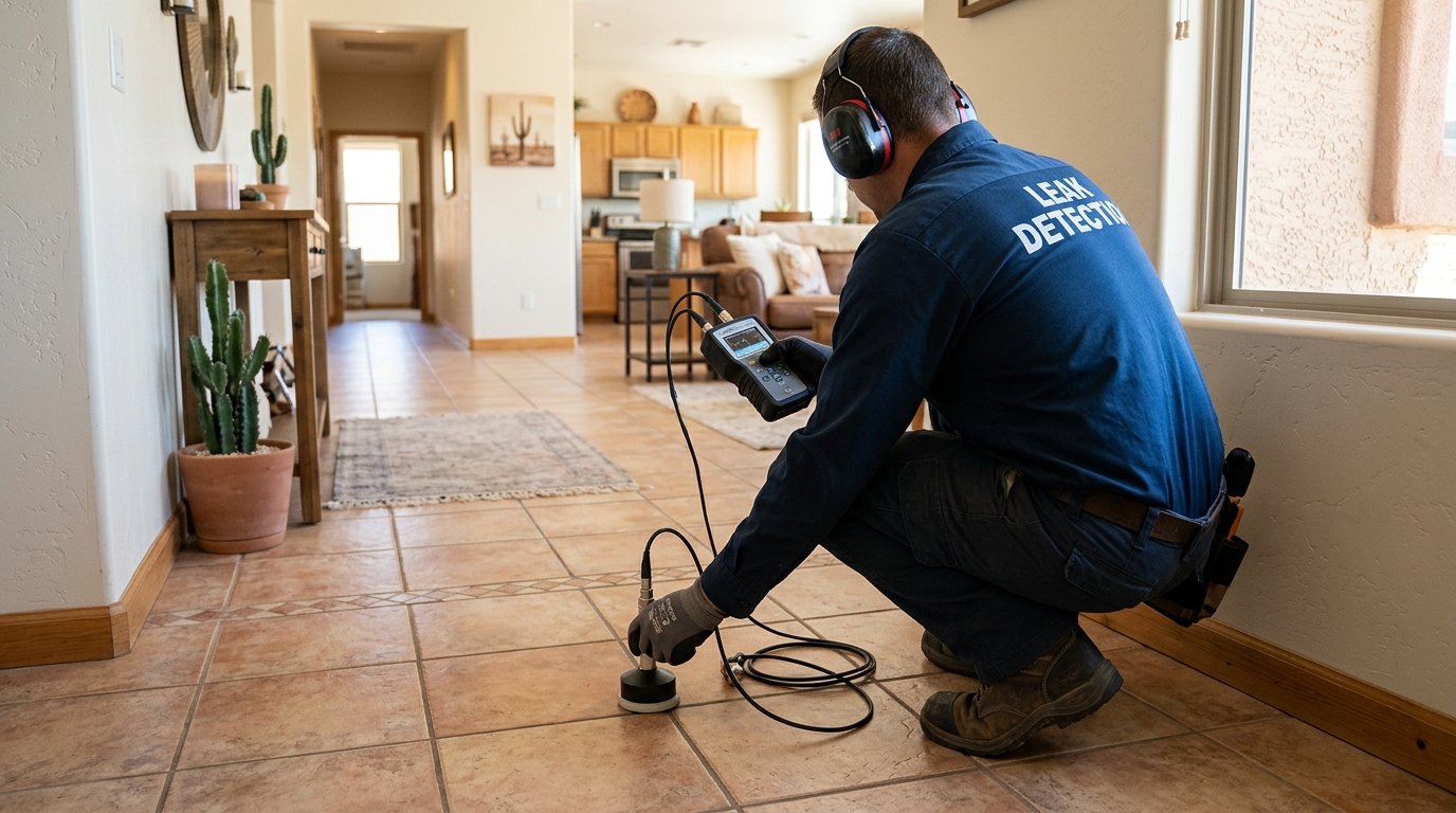 Acoustic electronic slab leak detection test on tile floor in Goodyear Arizona
